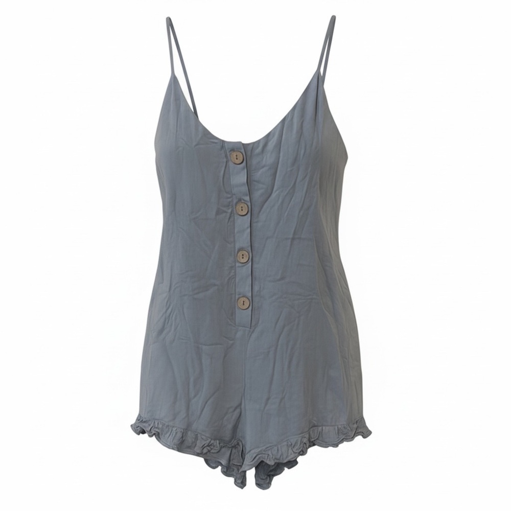 Pink Lilly light blue linen blend romper, small